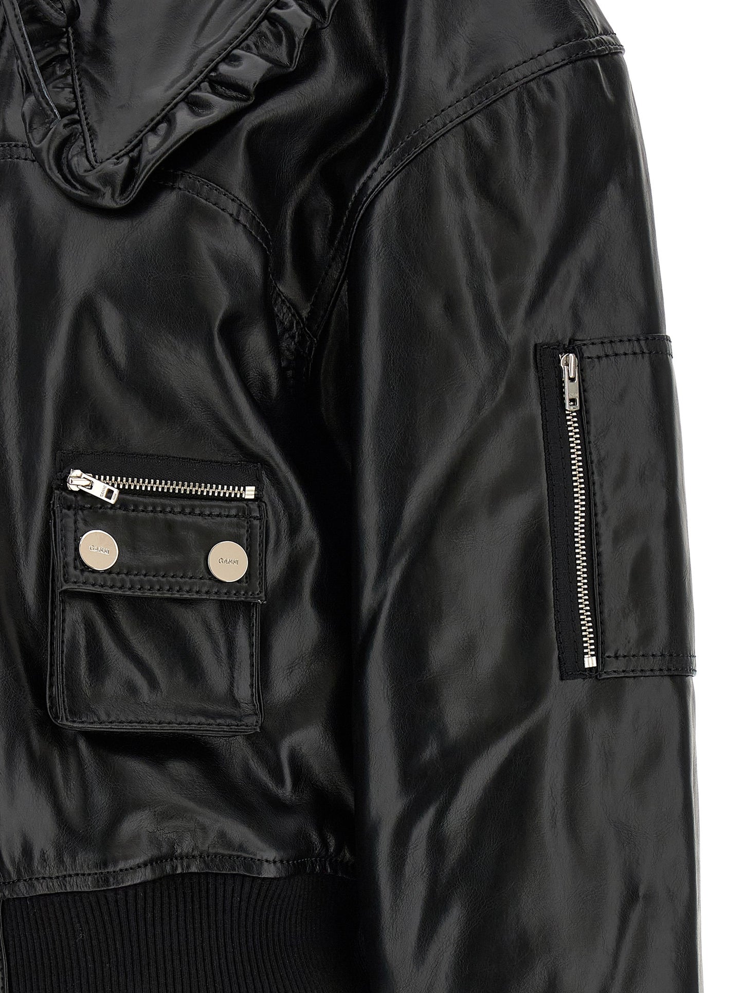 Ganni Black Leather Bomber Jacket
