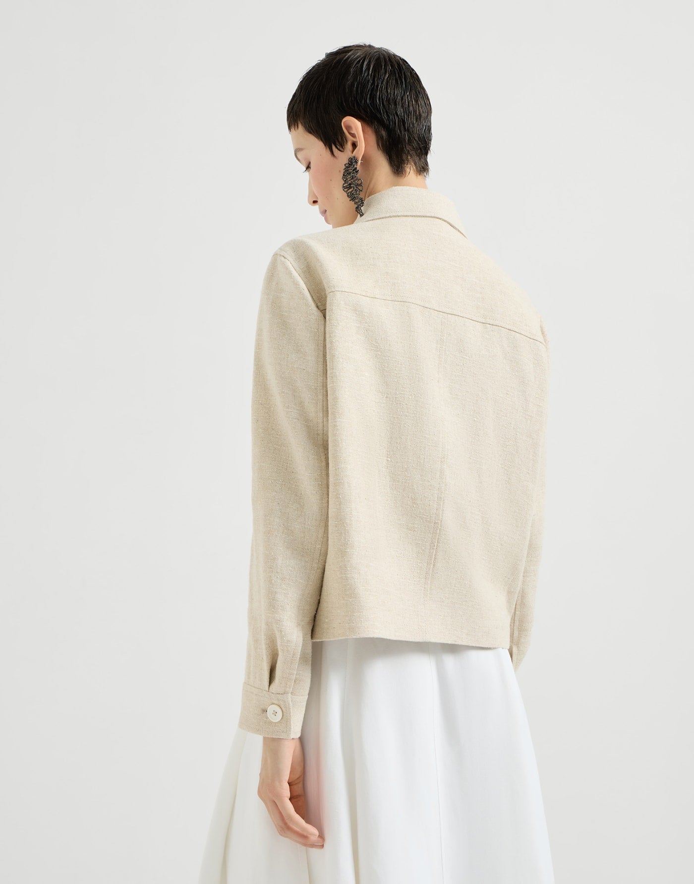 Slubbed linen, silk and hemp cropped pea coat with monili
