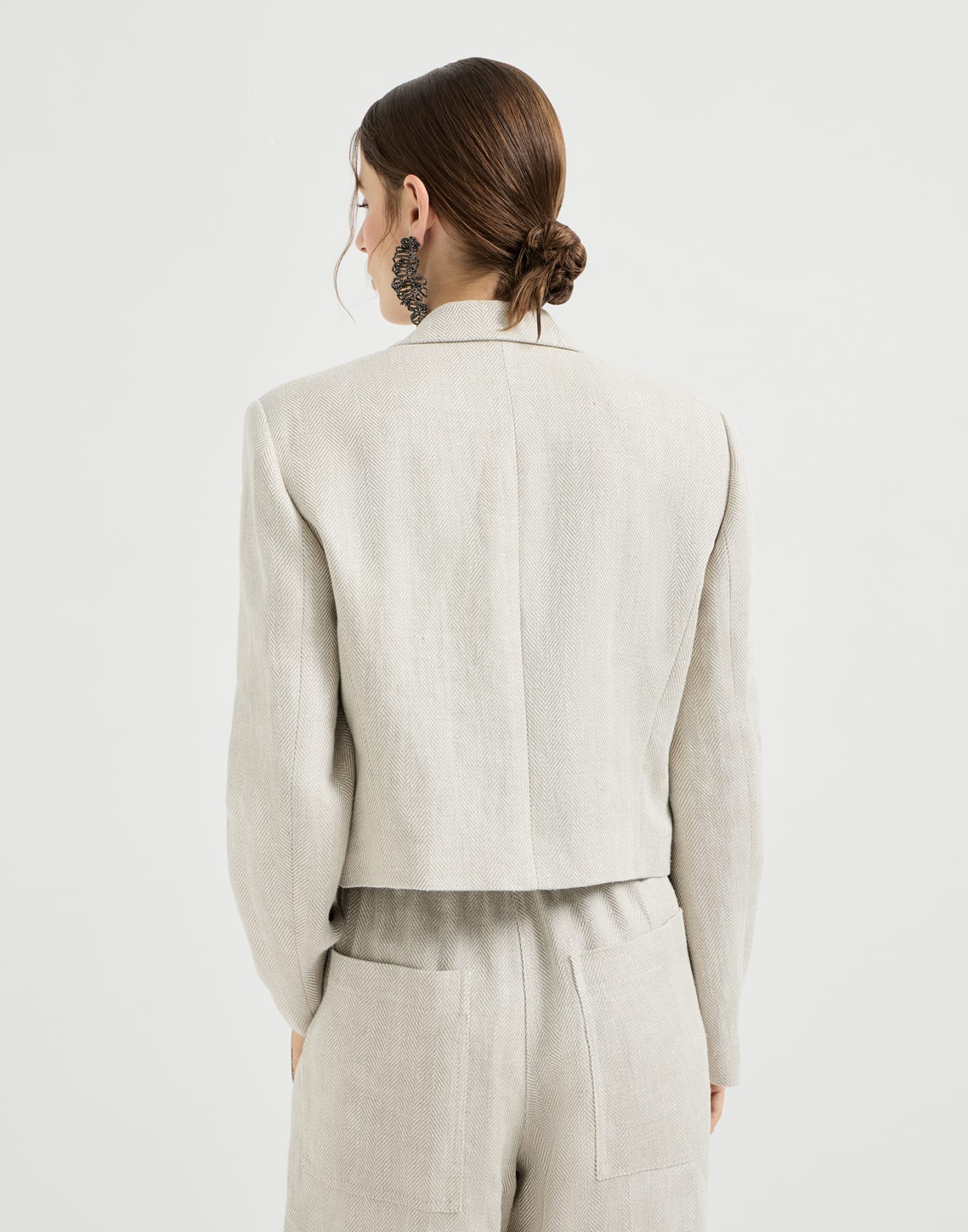 Linen and cotton chevron cropped blazer with monili