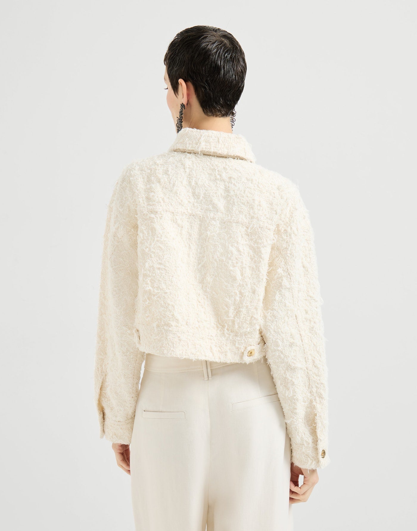 Fuzzy dyed denim outerwear jacket with monili