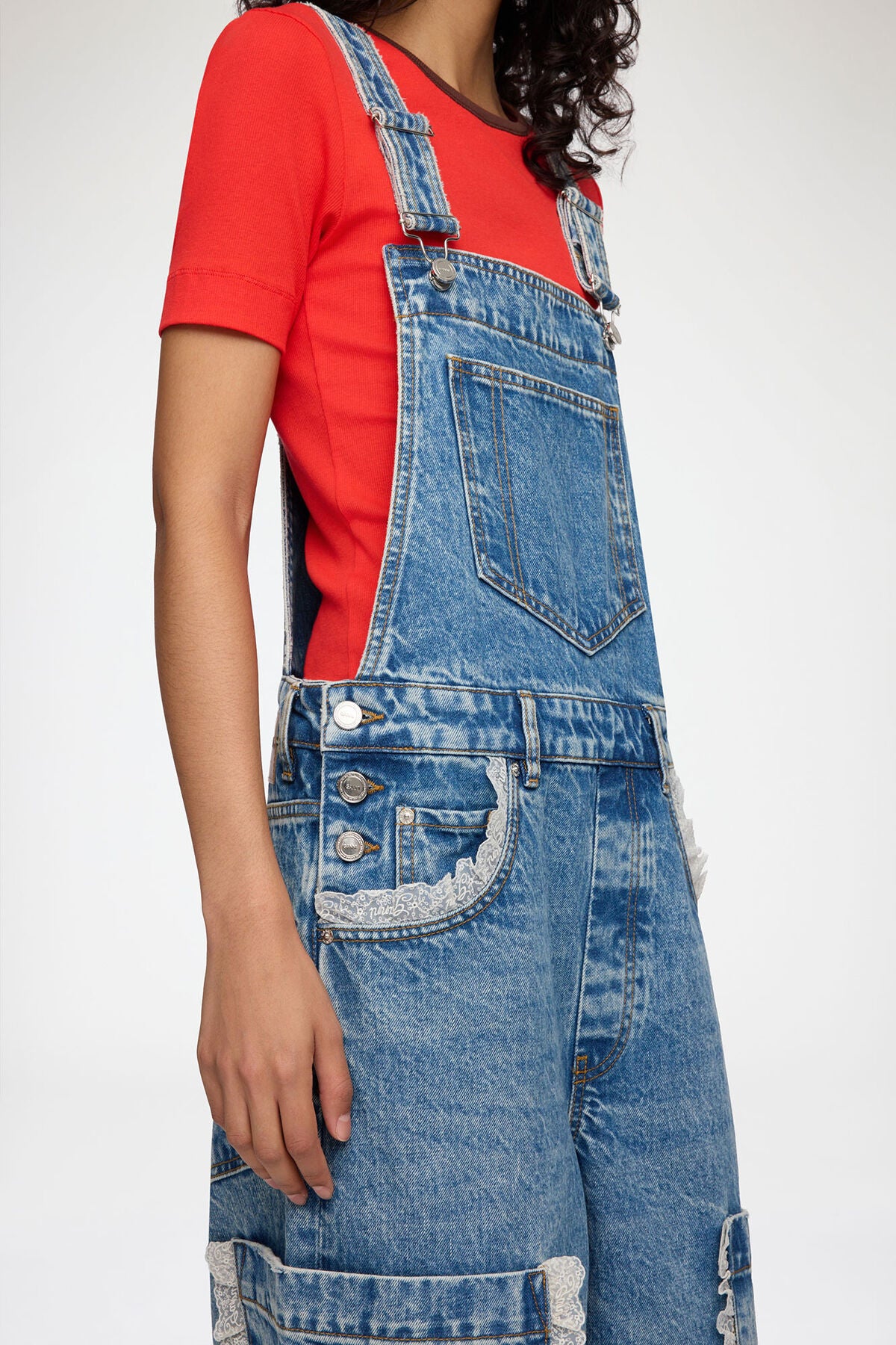 Overalls Cropped Lace in Rigid Denim