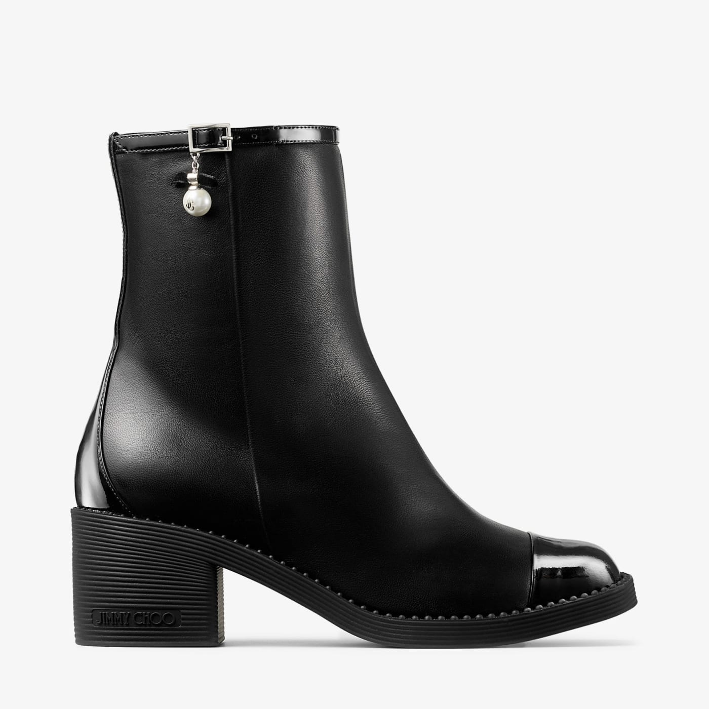 Adry Ankle Boot 60 Black Patent and Nappa Leather Boots with Pearl Charm