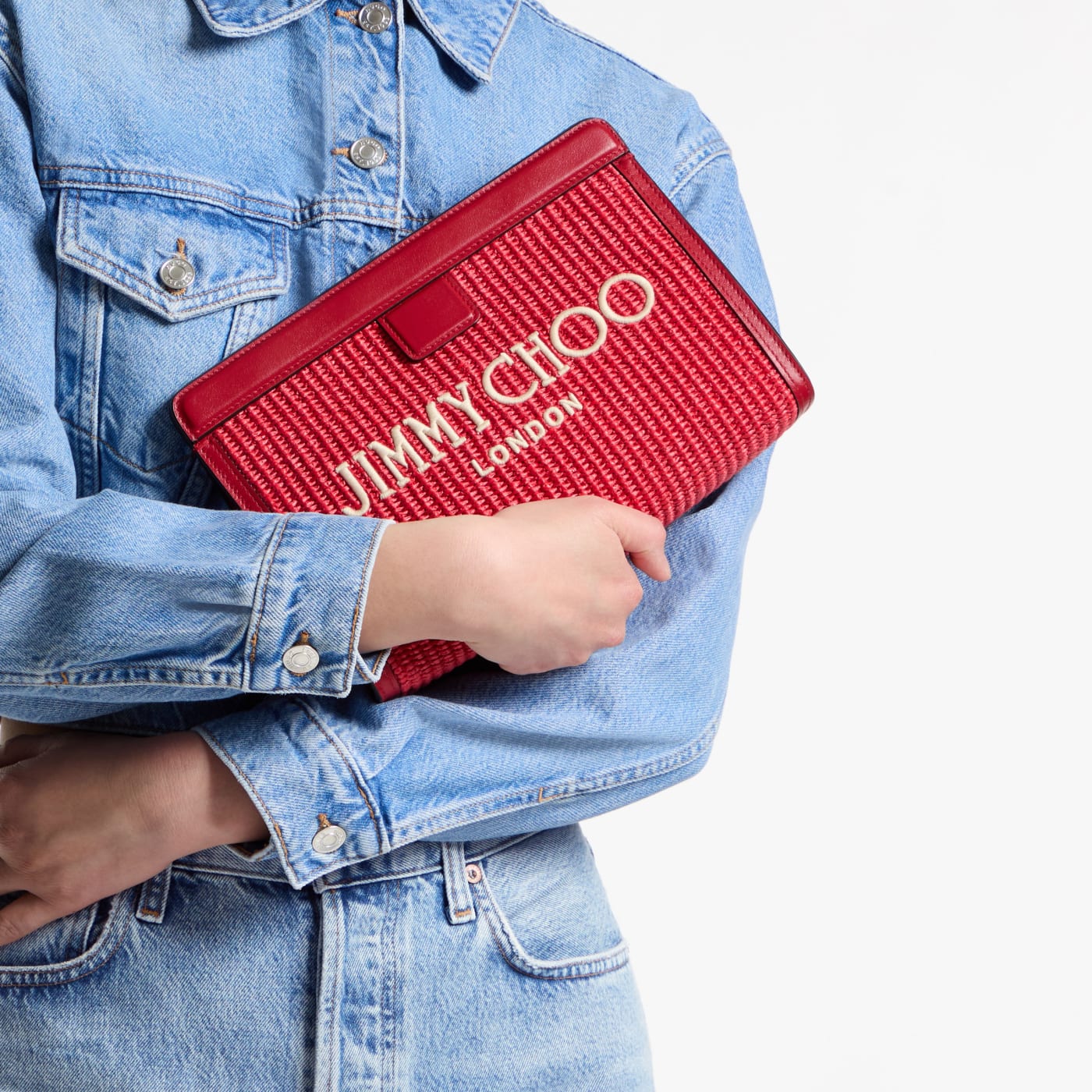 Avenue London Pouch Ruby Red and Light Gold Embroidered Raffia and Leather Pouch