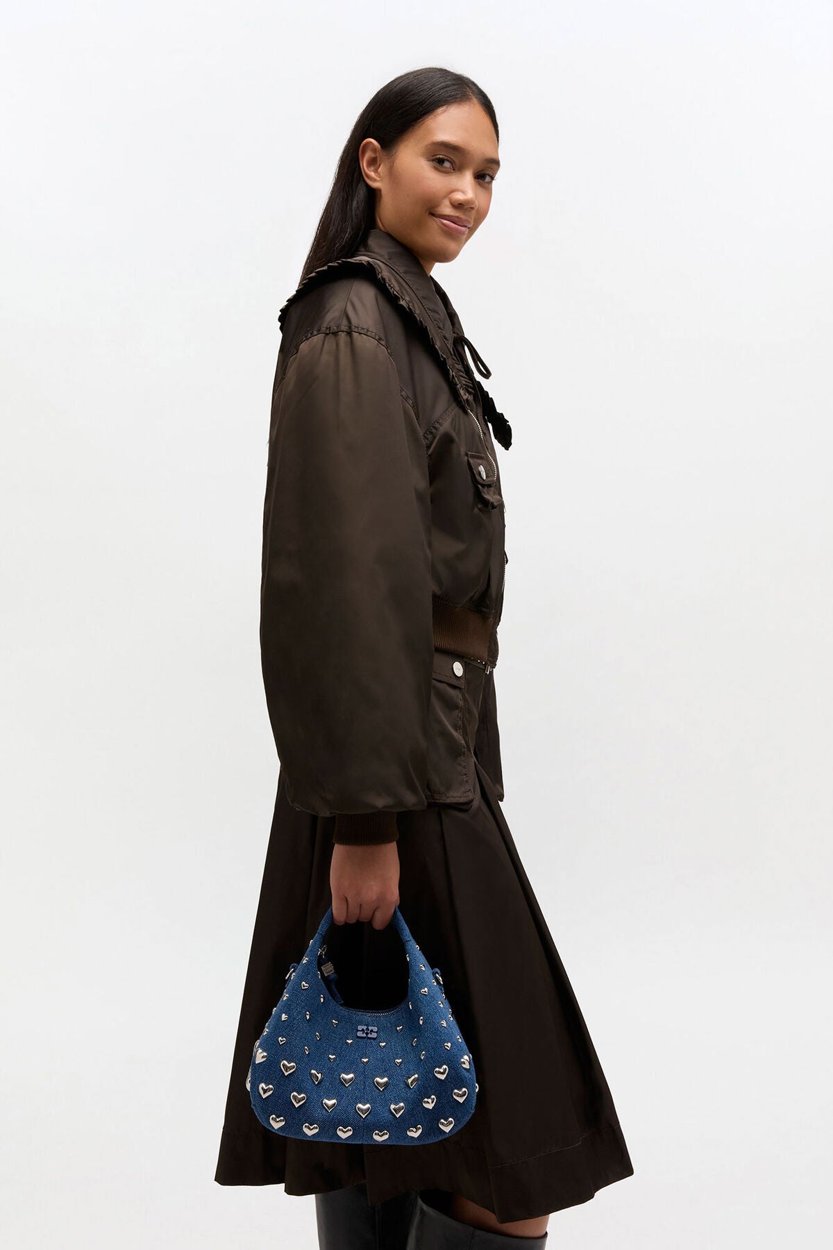 Denim Stud Mini Hobo Bag