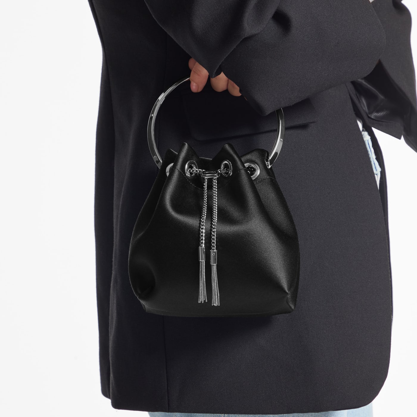 Bon Bon Black Satin Handbag with Metal Handle