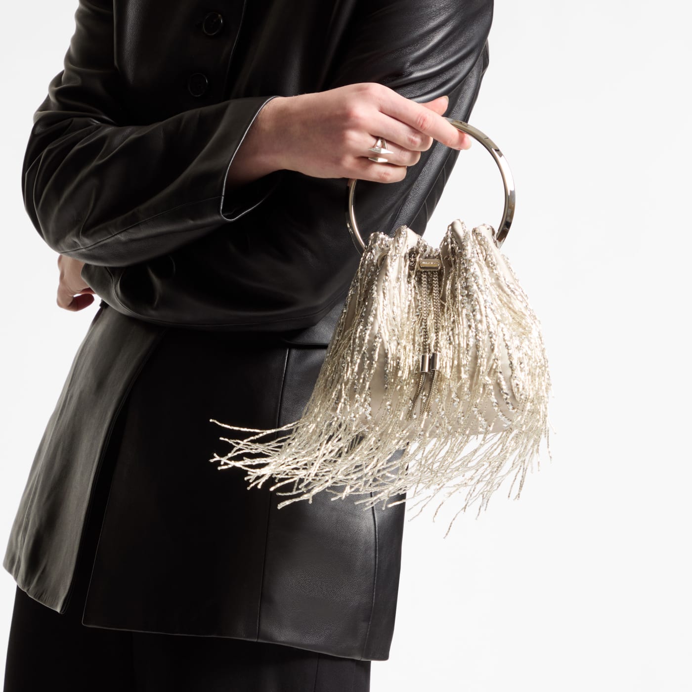 Bon Bon Silver Braided Fringe Embroidery Bucket Bag