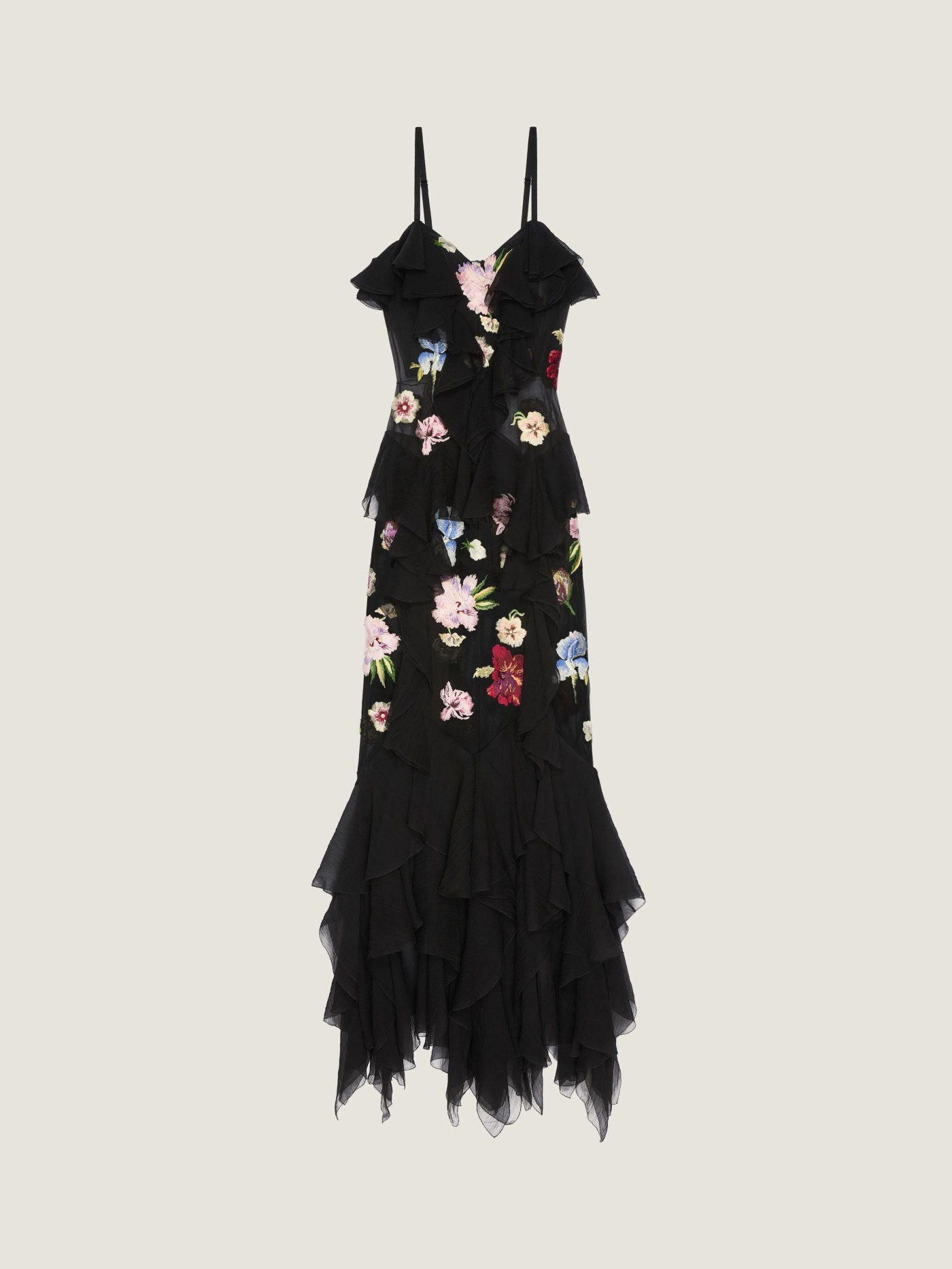 Ruffled dress in silk chiffon with embroideries