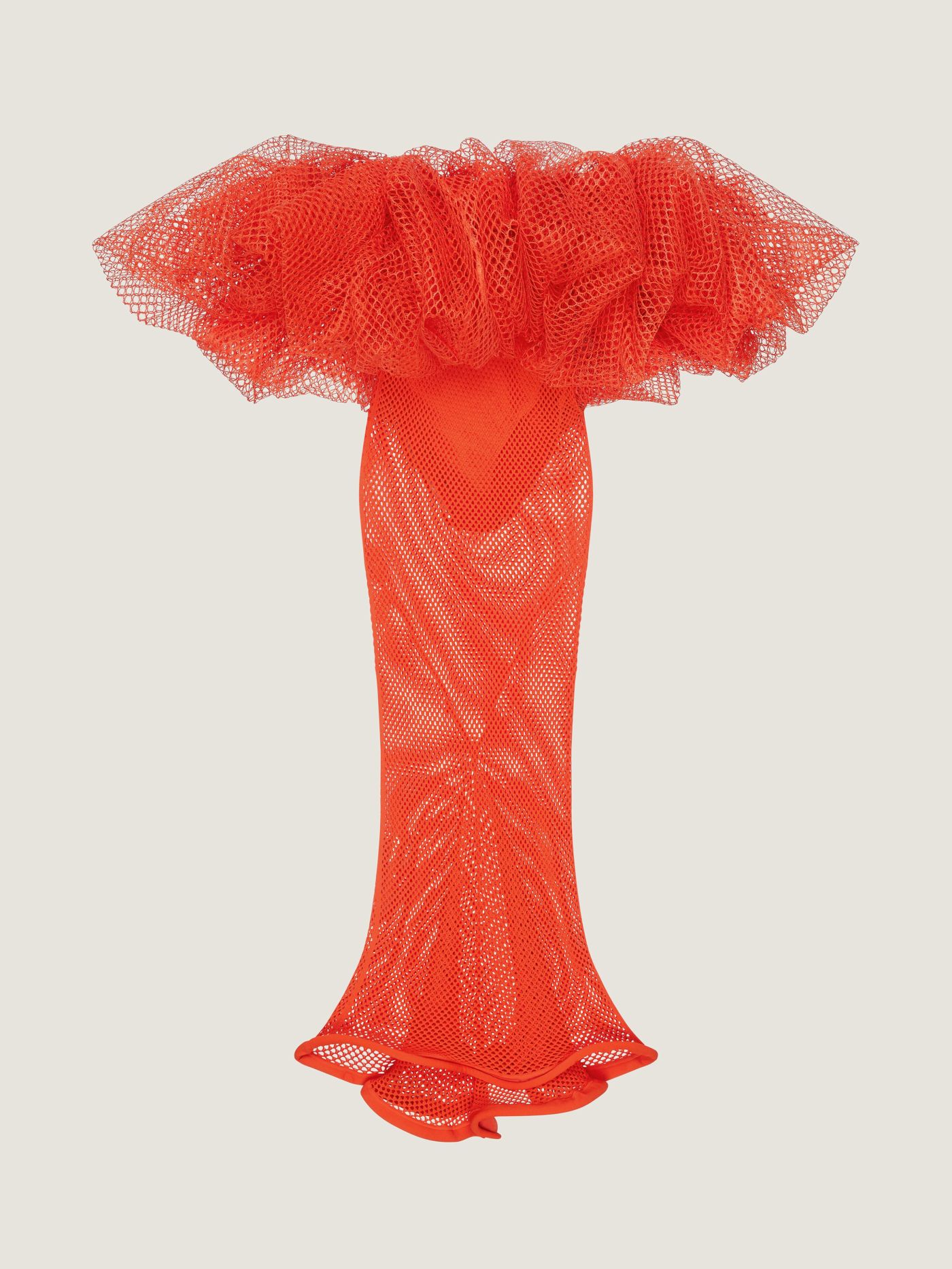 Long ruffled dress in mesh