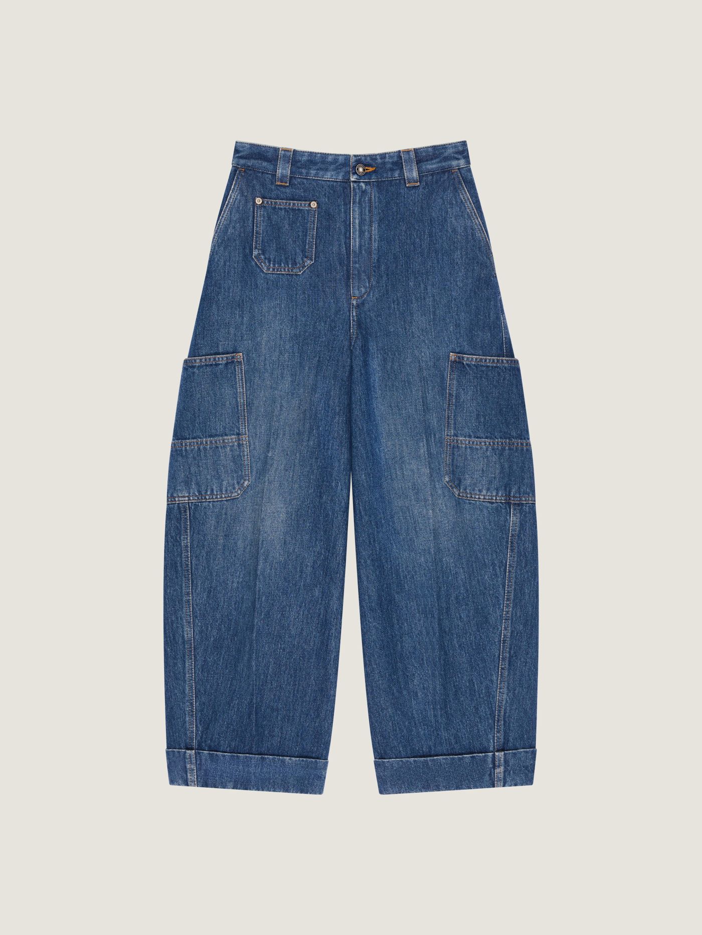 Medium blue cropped Cocoon cargo jeans