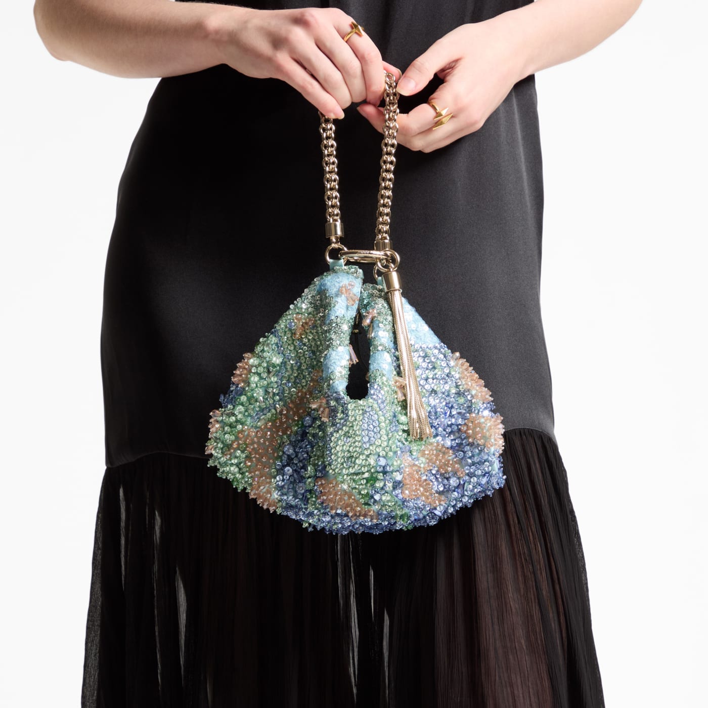 Callie Blue Multi Satin Clutch Bag with Multi Crystal Embroidery