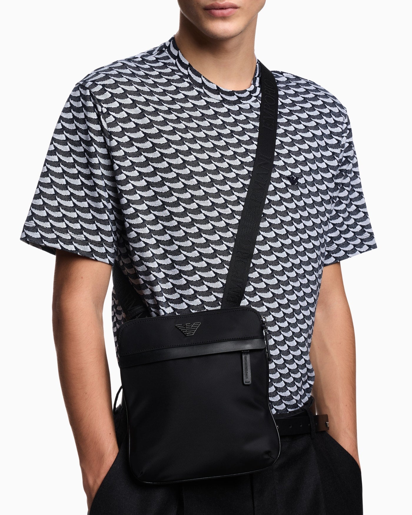 Slim recycled nylon crossbody bag for man