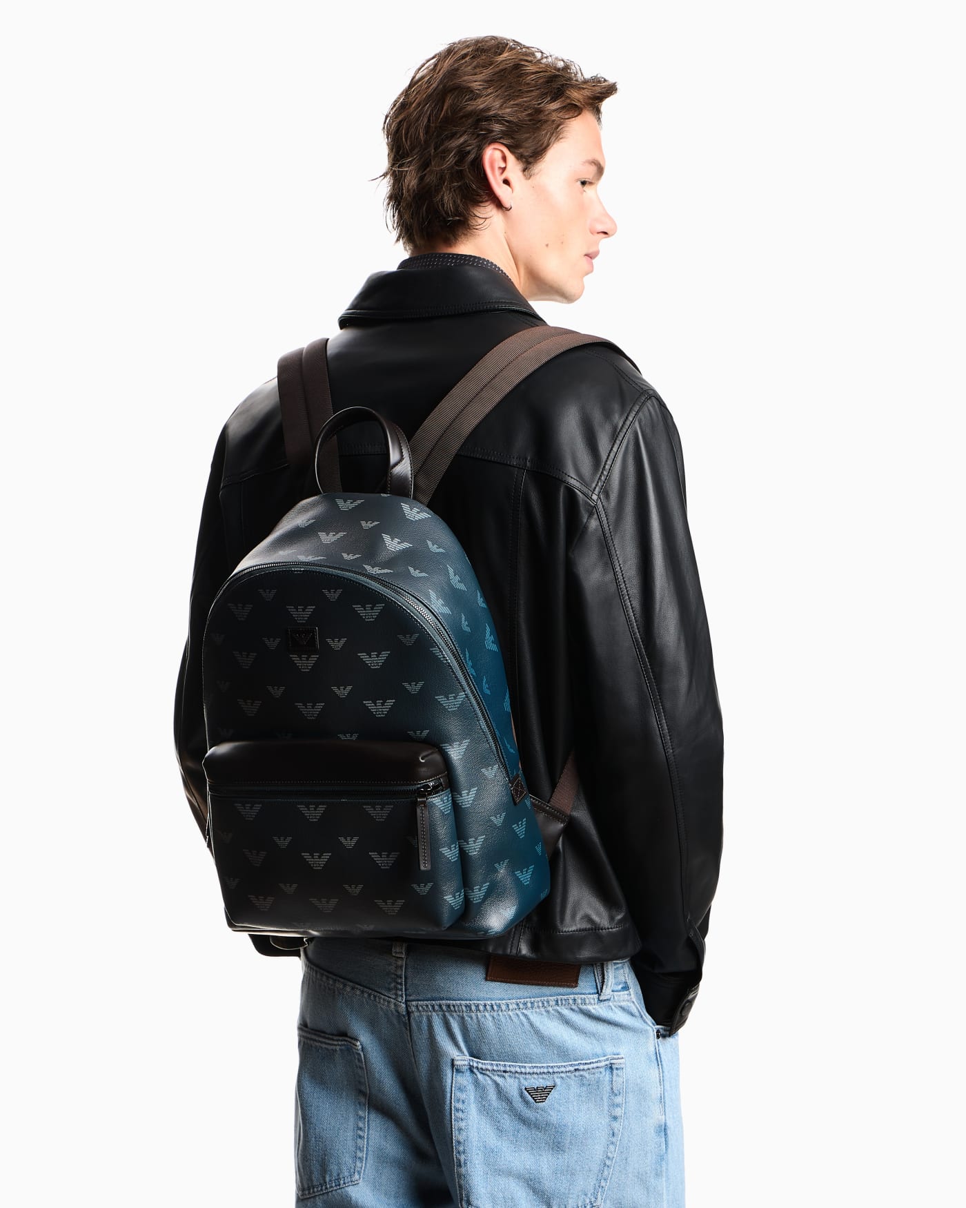 Coated canvas backpack with all-over eagle