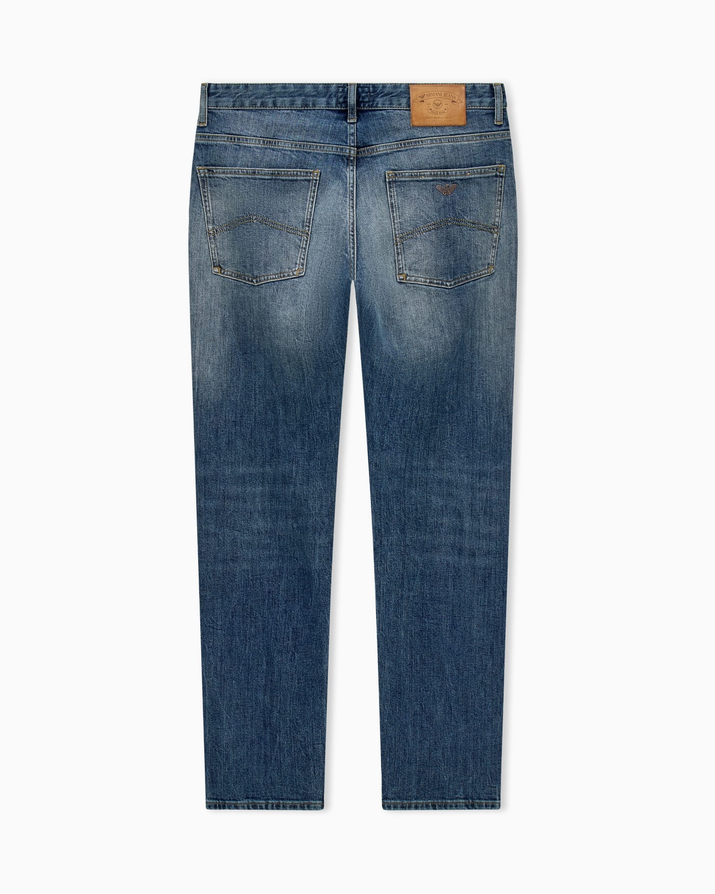 Straight-leg denim jeans with faded wash and whiskering