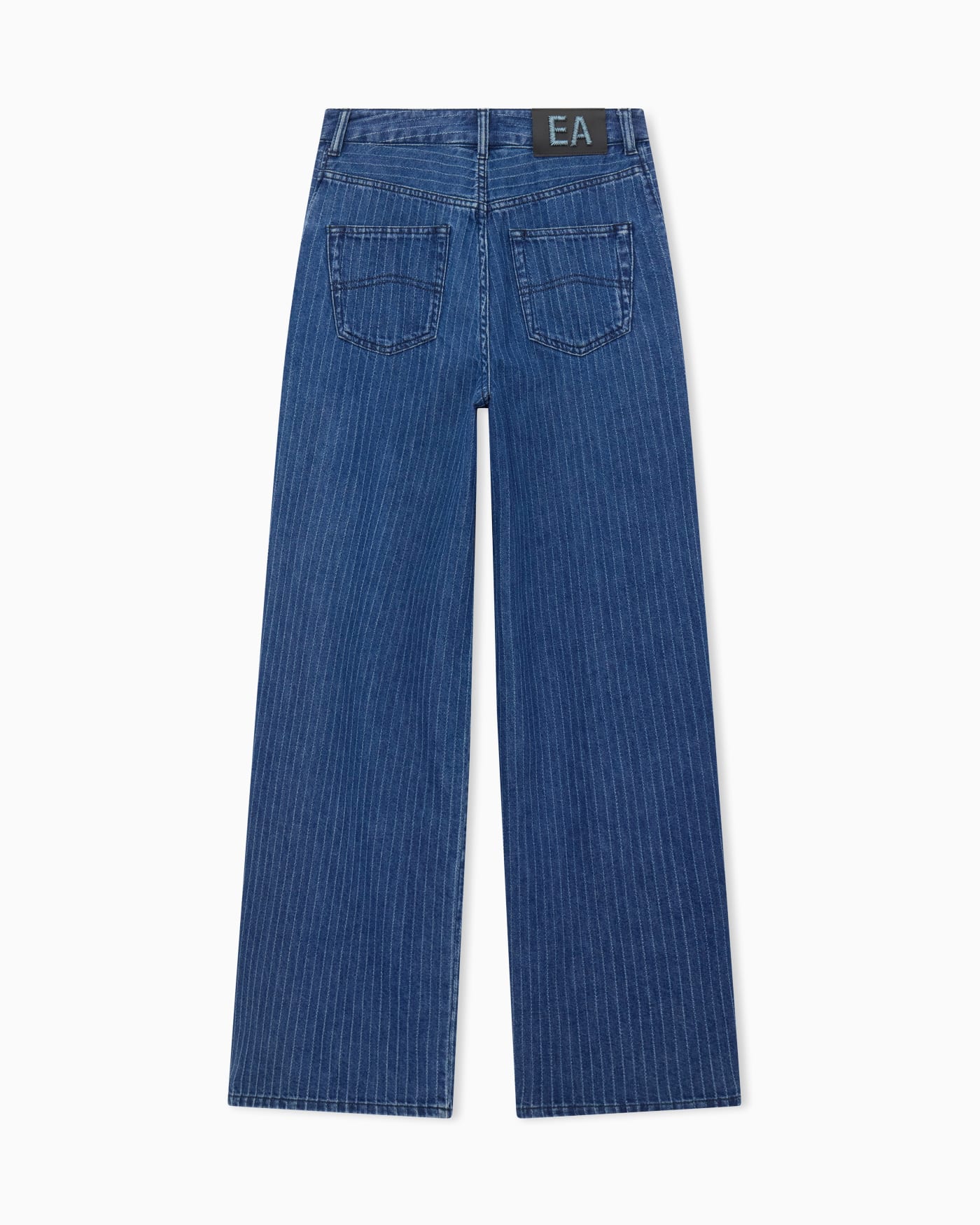 Five-pocket pinstriped denim pants with side bows