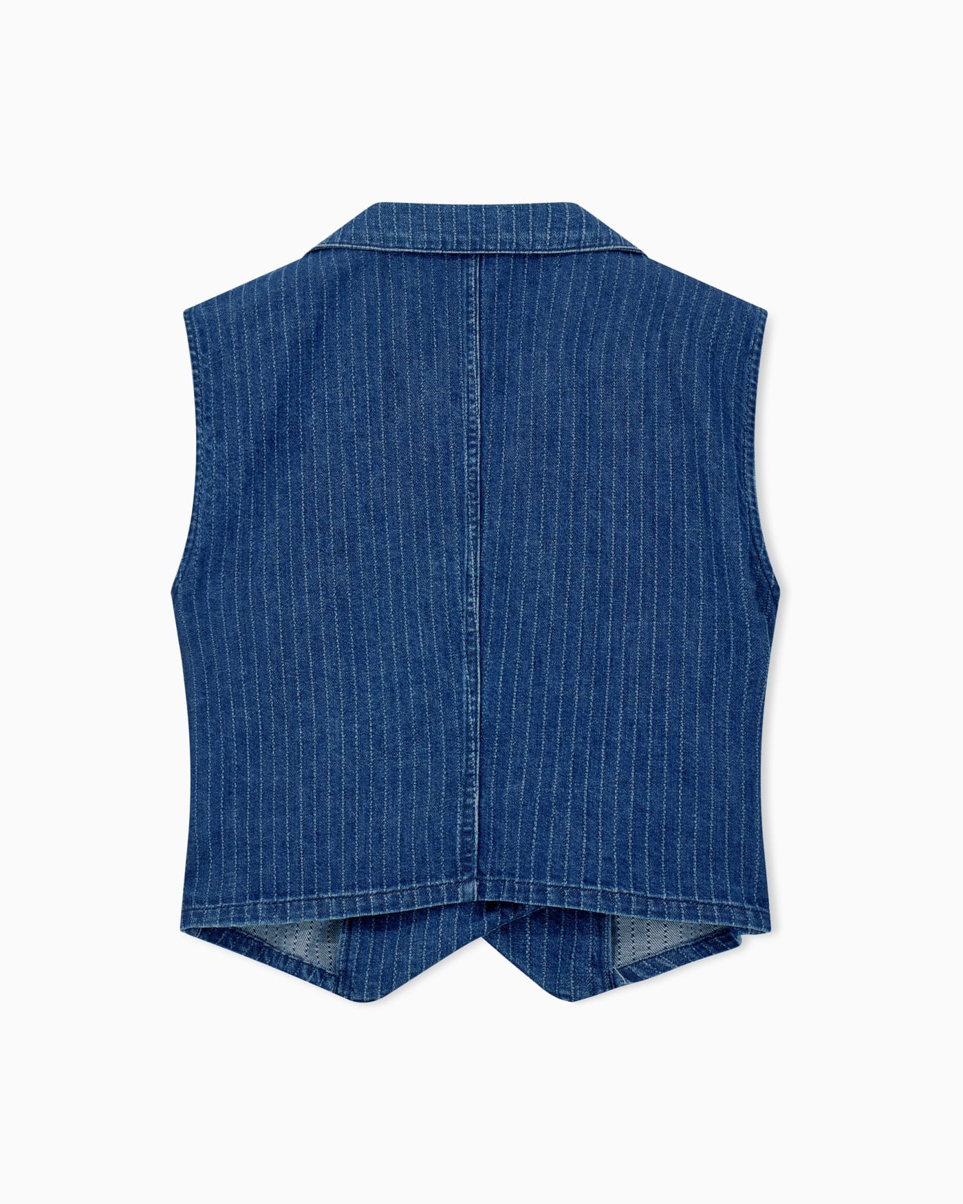 Pinstriped denim wrap waistcoat with lapels and a side tie