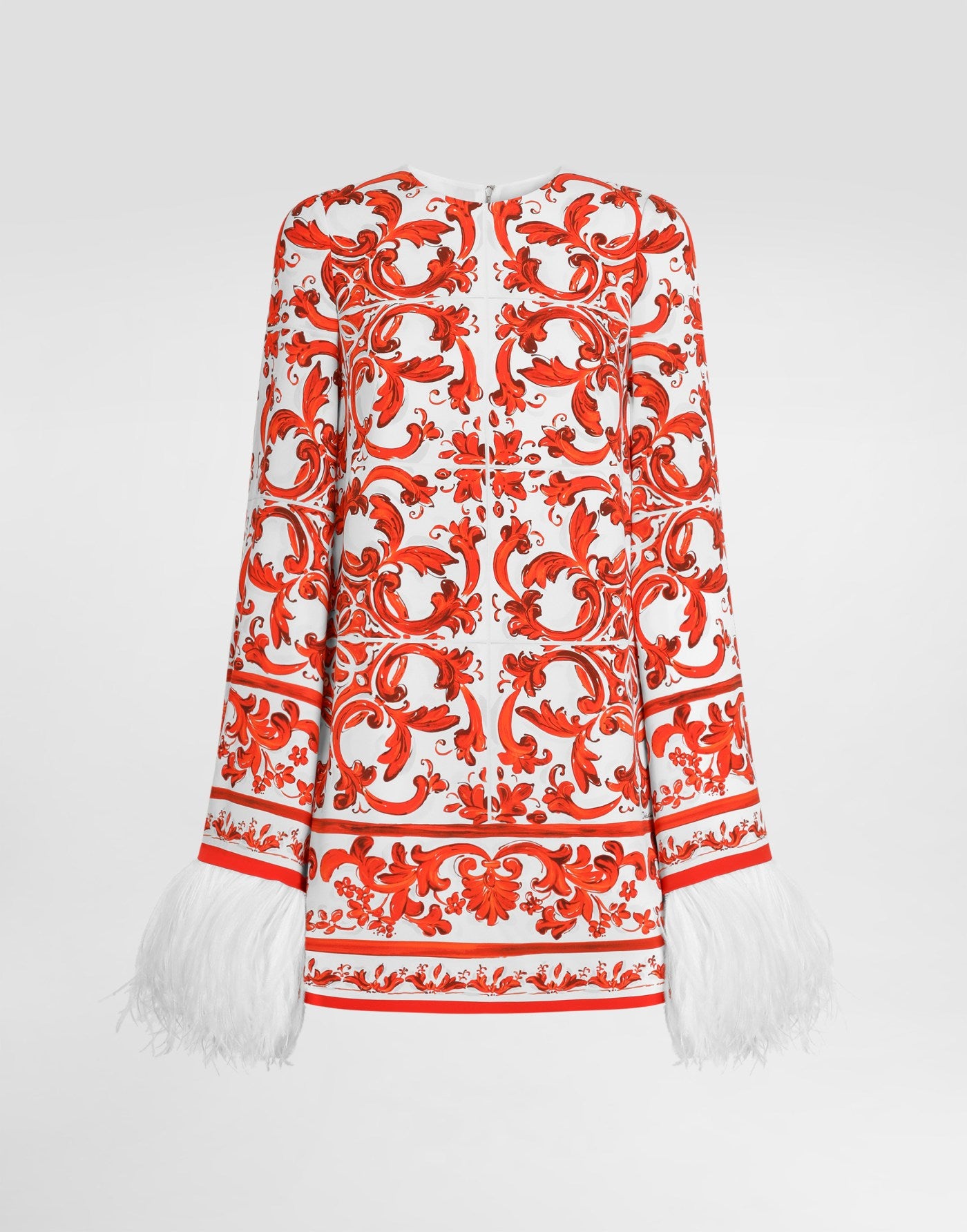 Majolica-print charmeuse dress with feather trim