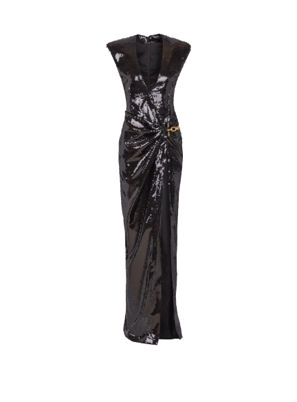 Long draped sequin dress with embellished detail