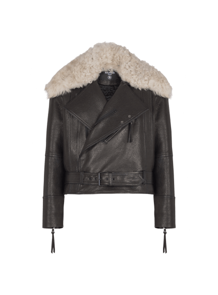 Leather jacket with shearling collar
