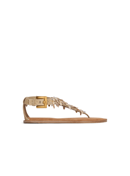 Flat sandals in suede, cotton and beads
