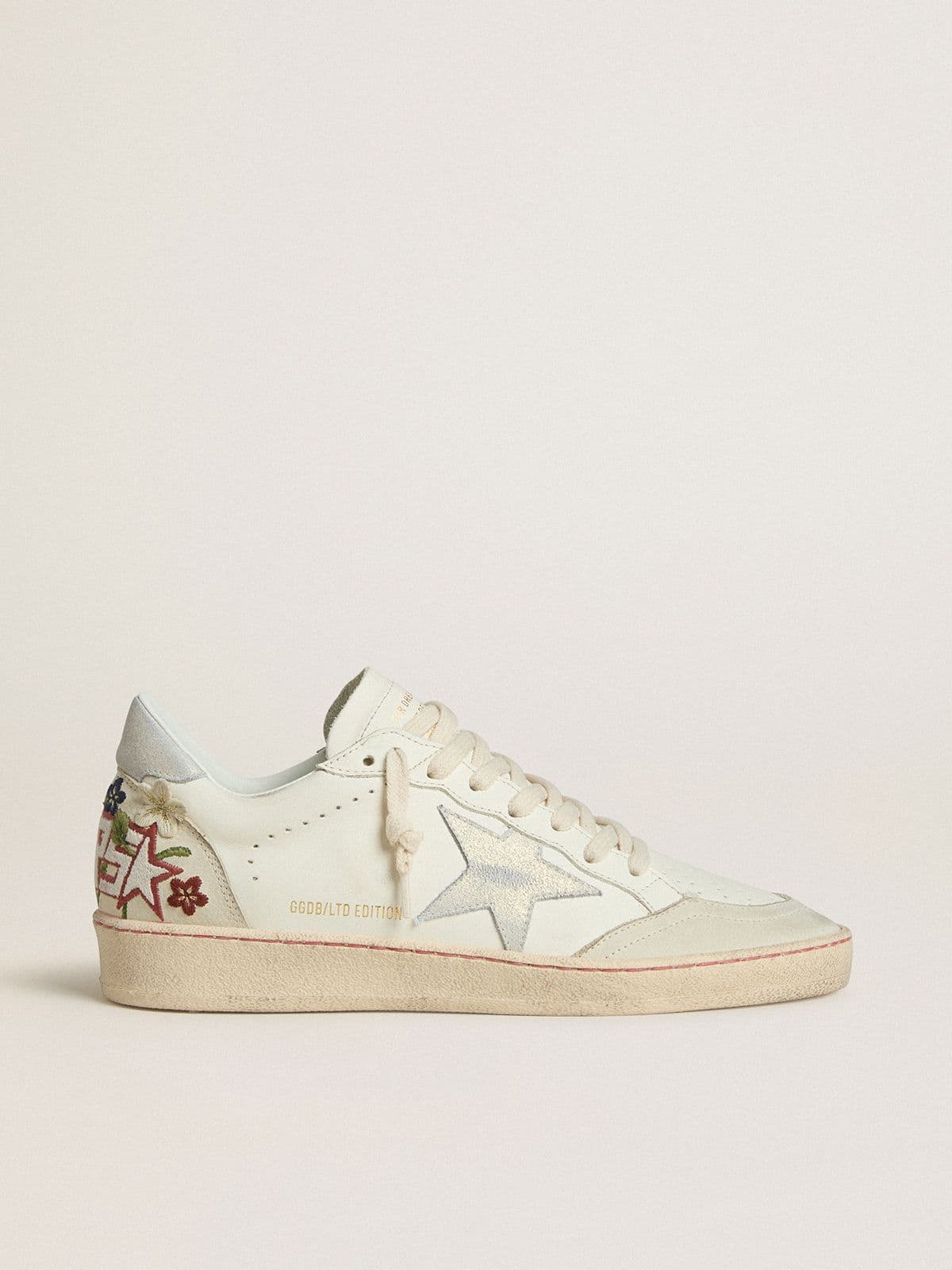 Women’s Ball Star in leather with platinum suede star and multicolor floral embroidery