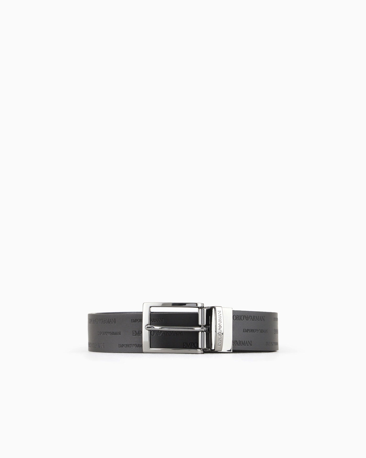 Reversible leather belt with all-over embossed lettering