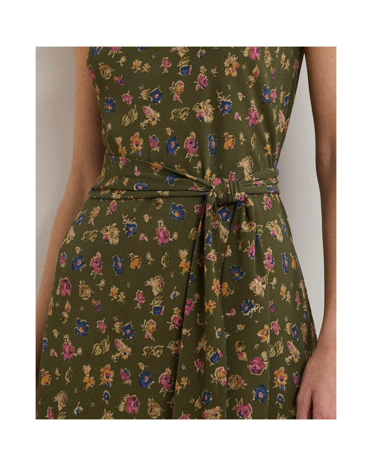 Floral Belted Sleeveless Crepe Dress