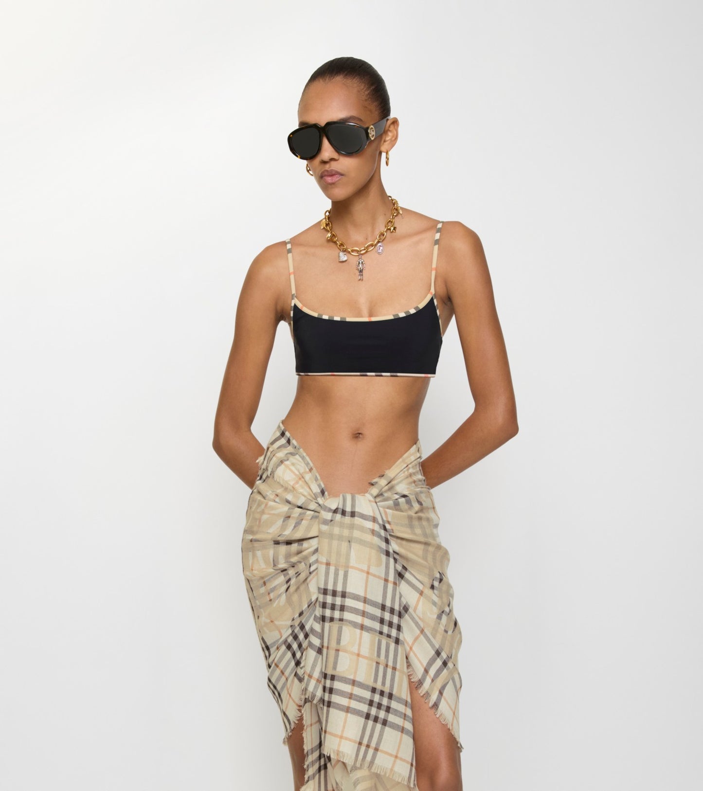Check Trim Bikini Top in Black