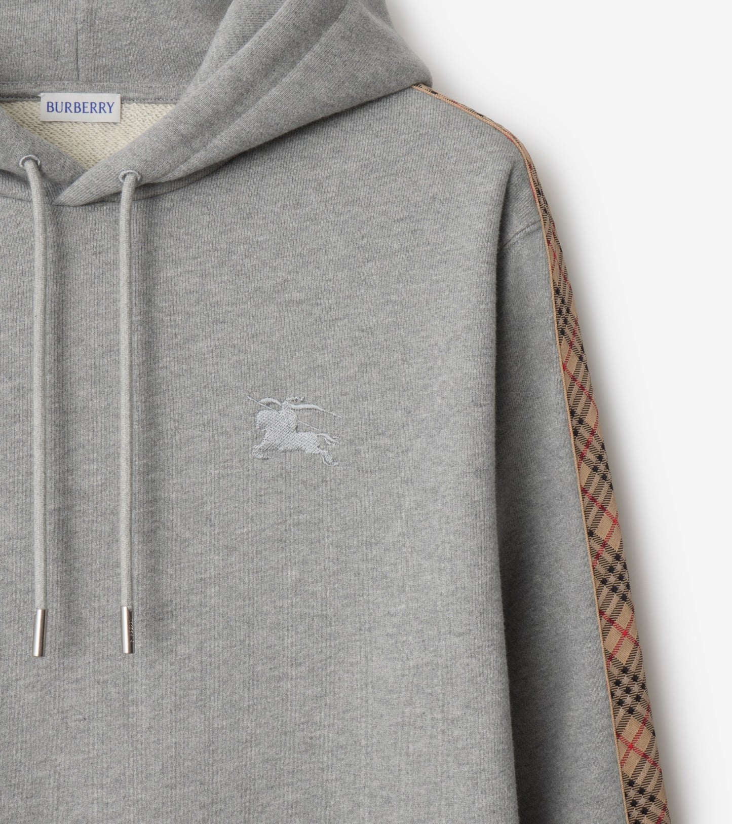 Check Trim Cotton Hoodie in Pale grey melange