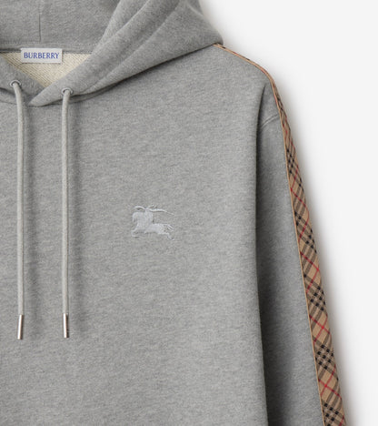 Check Trim Cotton Hoodie in Pale grey melange