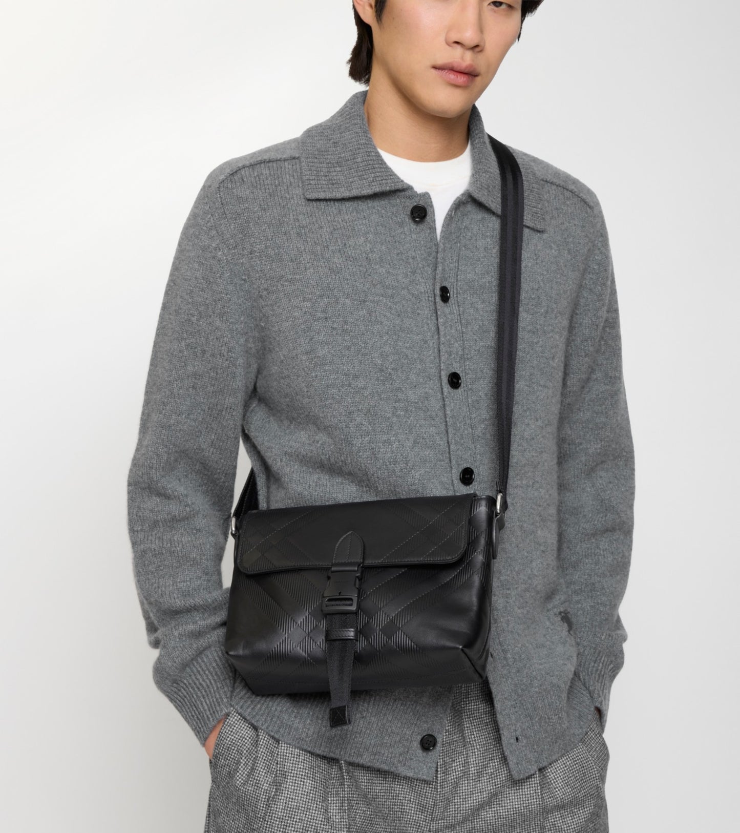Small Embossed Check Buckled Messenger Bag in Black