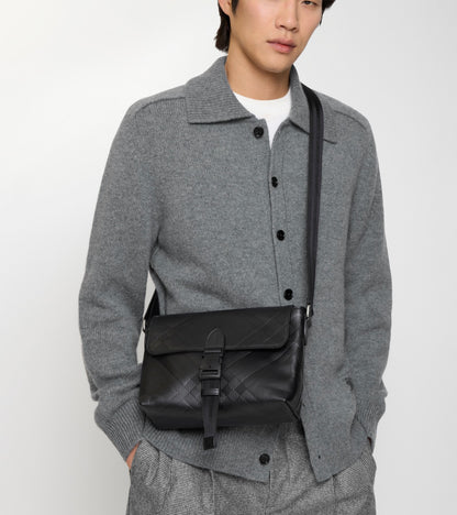 Small Embossed Check Buckled Messenger Bag in Black