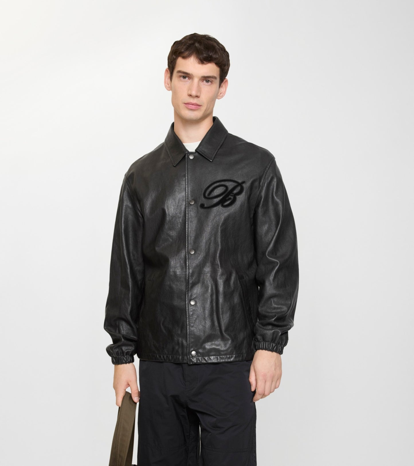 Cursive Logo Leather Overshirt in Black