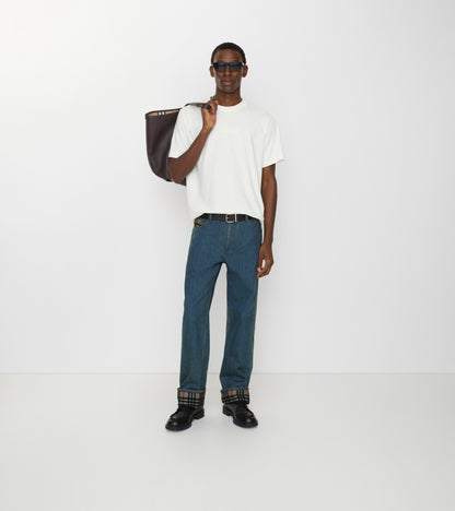 Straight Check Turn-up Jeans in Mid blue