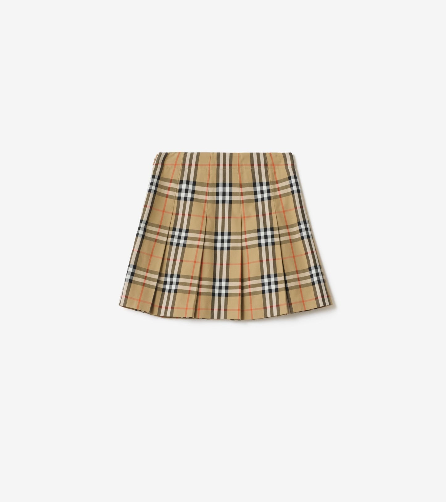 Pleated Check Cotton Twill Skirt in Sand beige