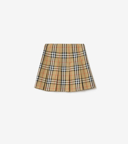 Pleated Check Cotton Twill Skirt in Sand beige