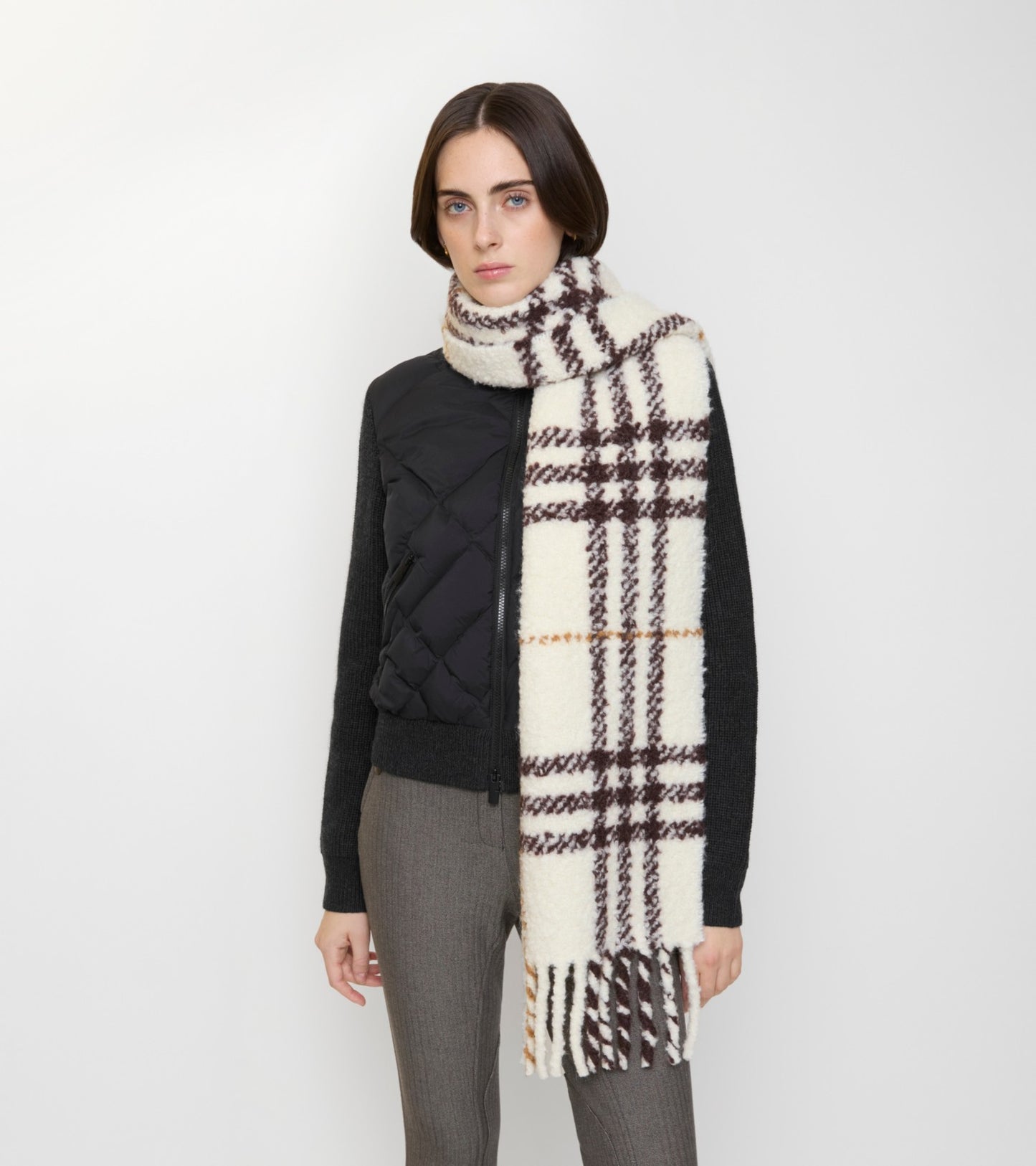 Check Alpaca Wool Blend Bouclé Scarf in Pebble white