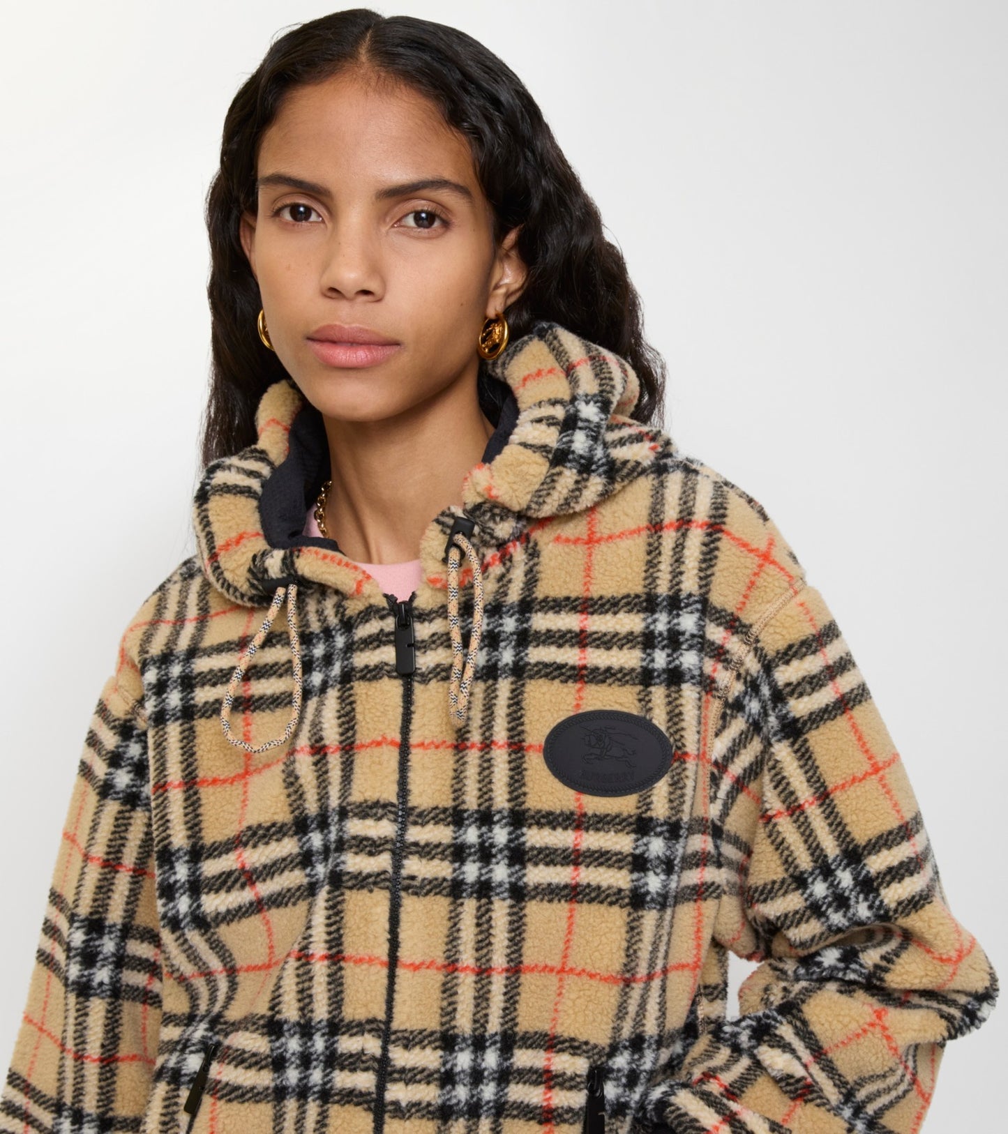 Cropped Check Fleece Hooded Jacket in Sand beige
