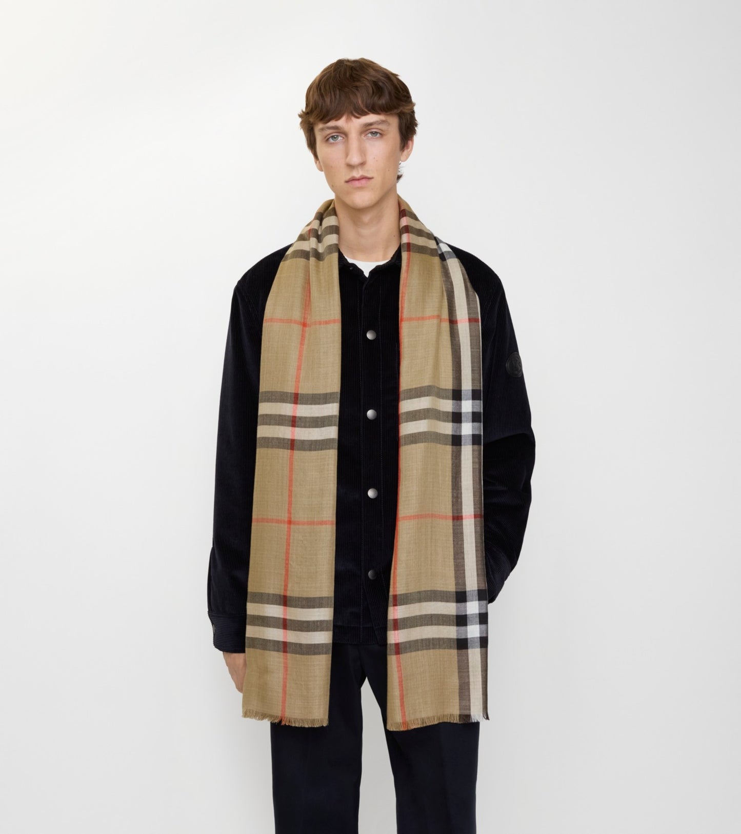 Reversible Check Wool Silk Scarf in Sand beige/vole brown