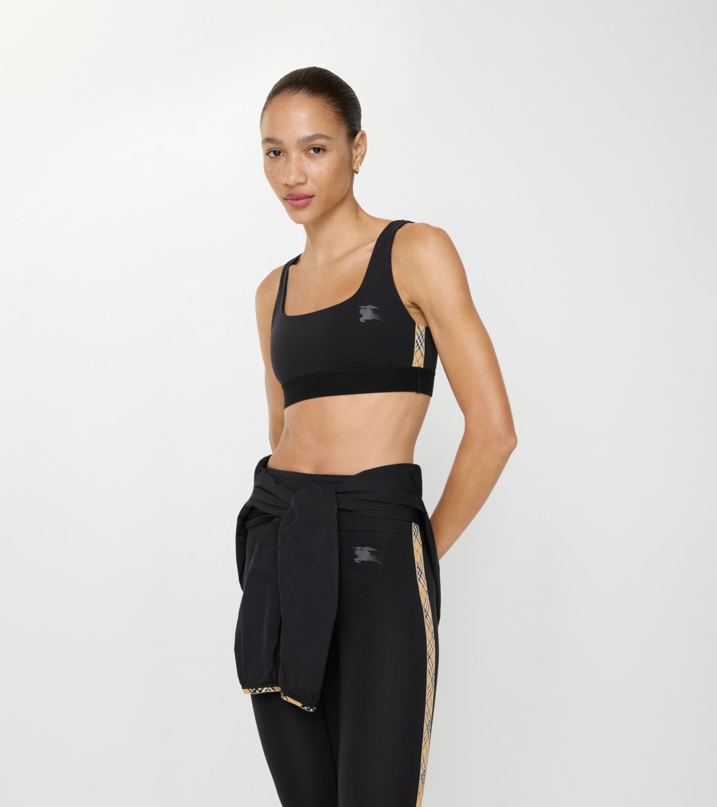 Check Trim Stretch Nylon Bra Top in Black
