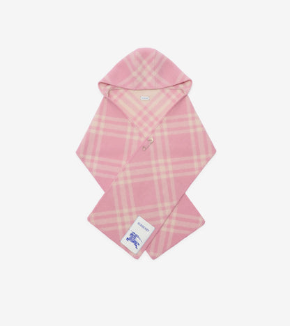 Check Wool Hooded Scarf in Sugar pink