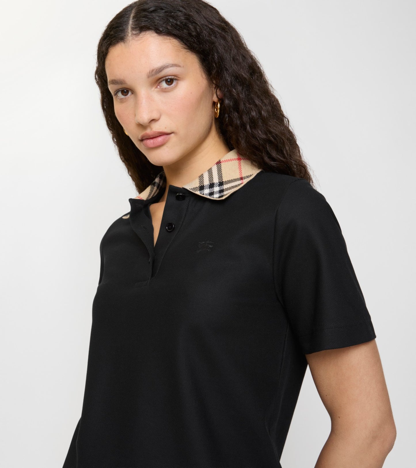 Check Collar Cotton Polo Shirt in Black