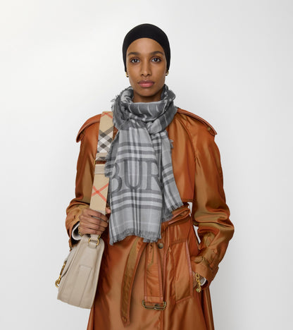 Wide Knight Check Wool Silk Scarf in Mitten grey