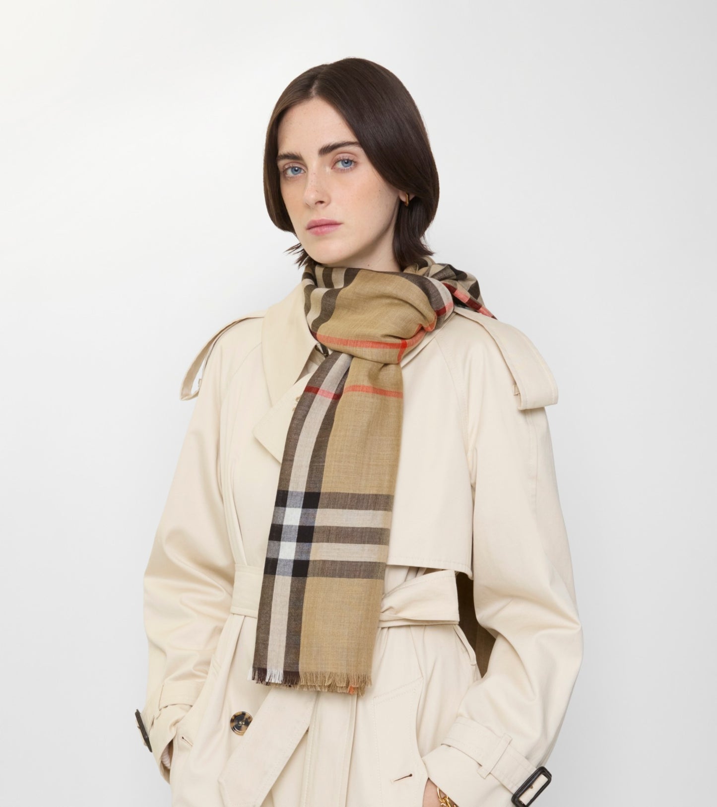 Reversible Check Wool Silk Scarf in Sand beige/vole brown