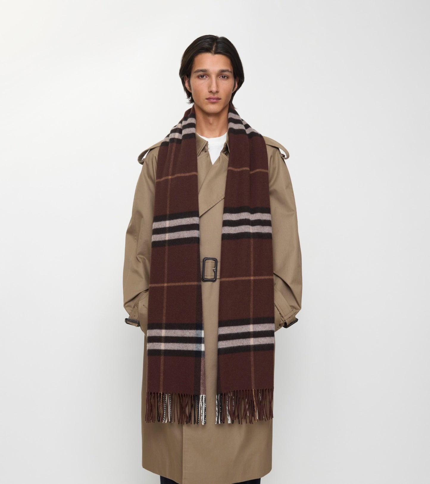 Wide Check Cashmere Scarf in Treacle brown