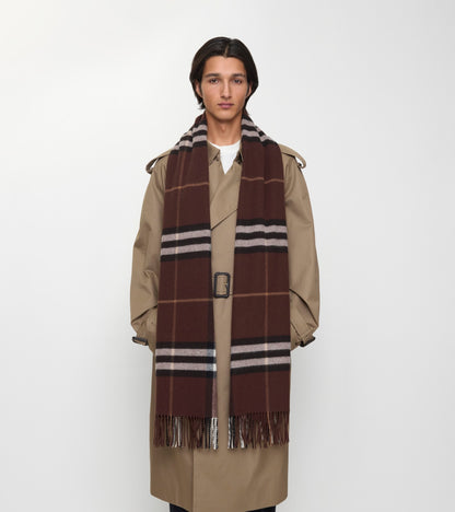 Wide Check Cashmere Scarf in Treacle brown