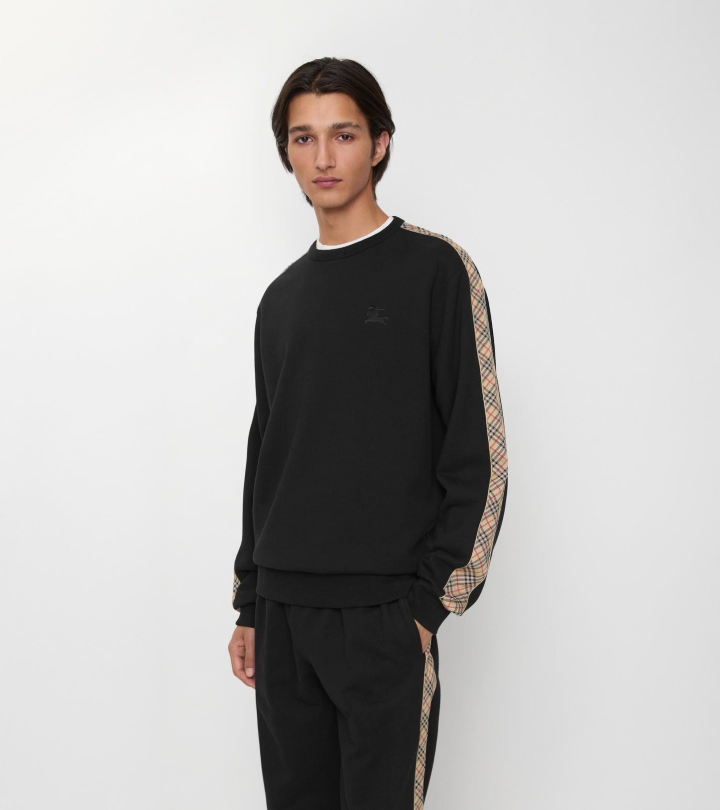 Check Trim Cotton Sweatshirt in Black