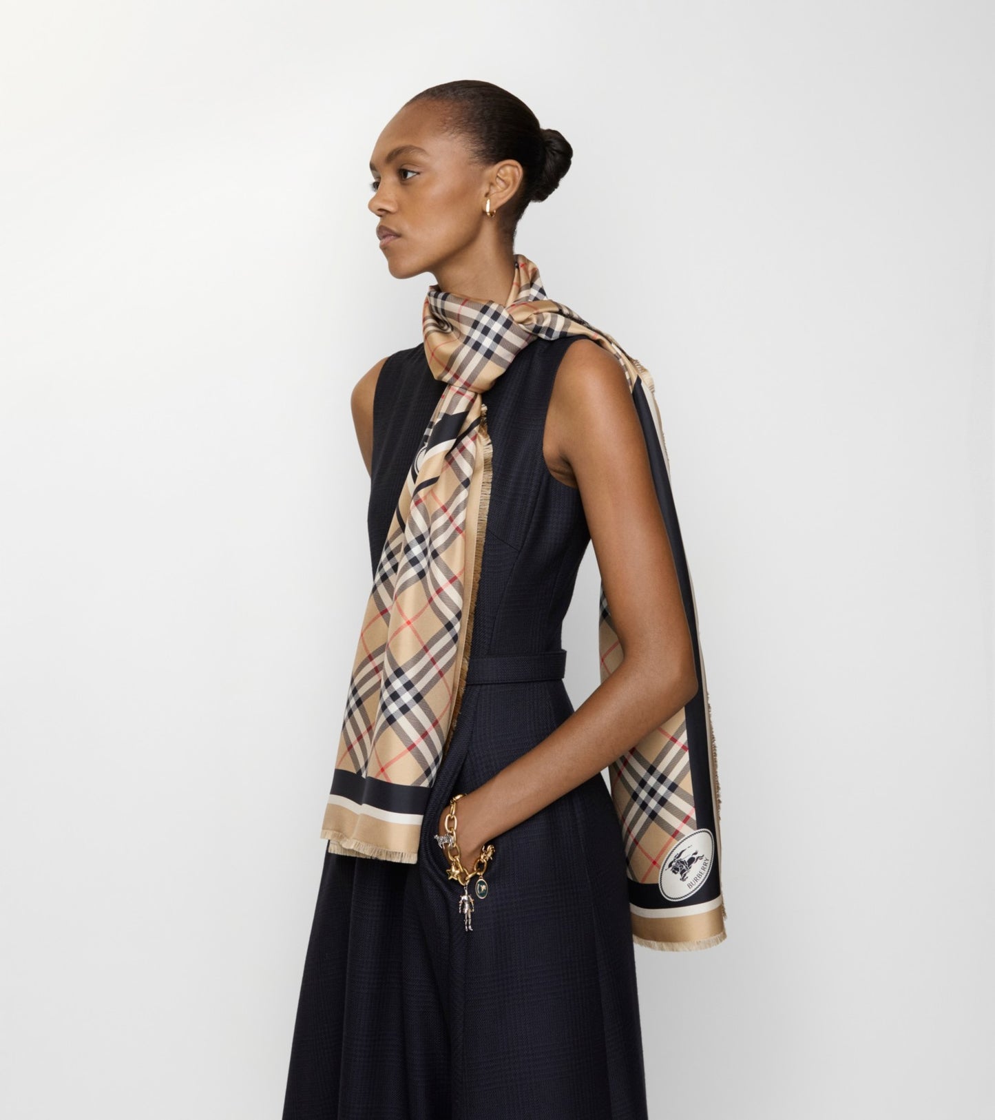 Check Knight Stamp Silk Scarf in Sand beige
