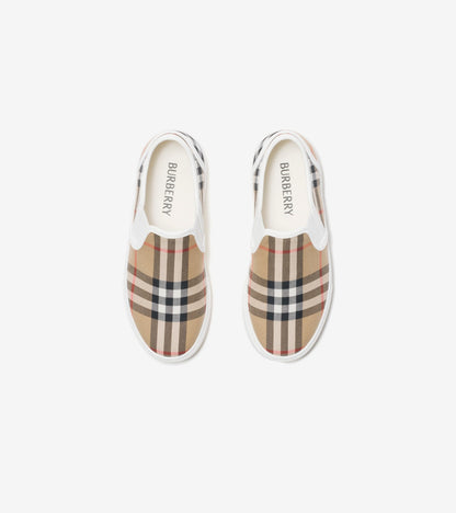 Check Cotton Slip-on Sneakers in Sand beige - Children