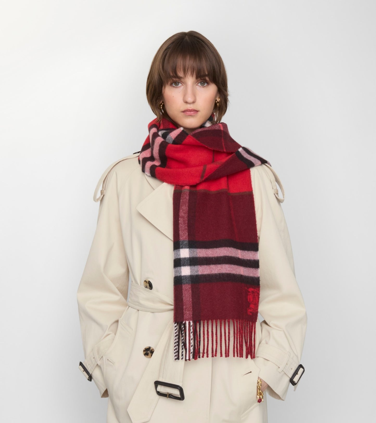 Contrast Check Cashmere Scarf in Post red/oxblood red