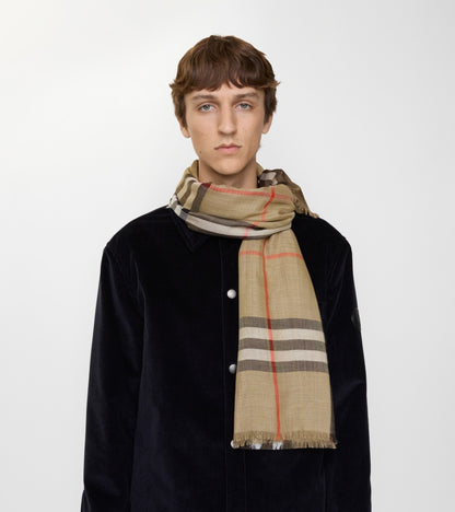 Reversible Check Wool Silk Scarf in Sand beige/vole brown